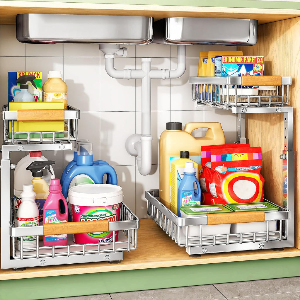Kitstorack Under Sink Organizer, 2 Tier Under the Sink Storage, Slide out Pull out Cabinet Organizer Shelf, Metal Sliding Drawer for Kitchen Bathroom Pantry Closet Organization Rack, Silver, 2 Pack