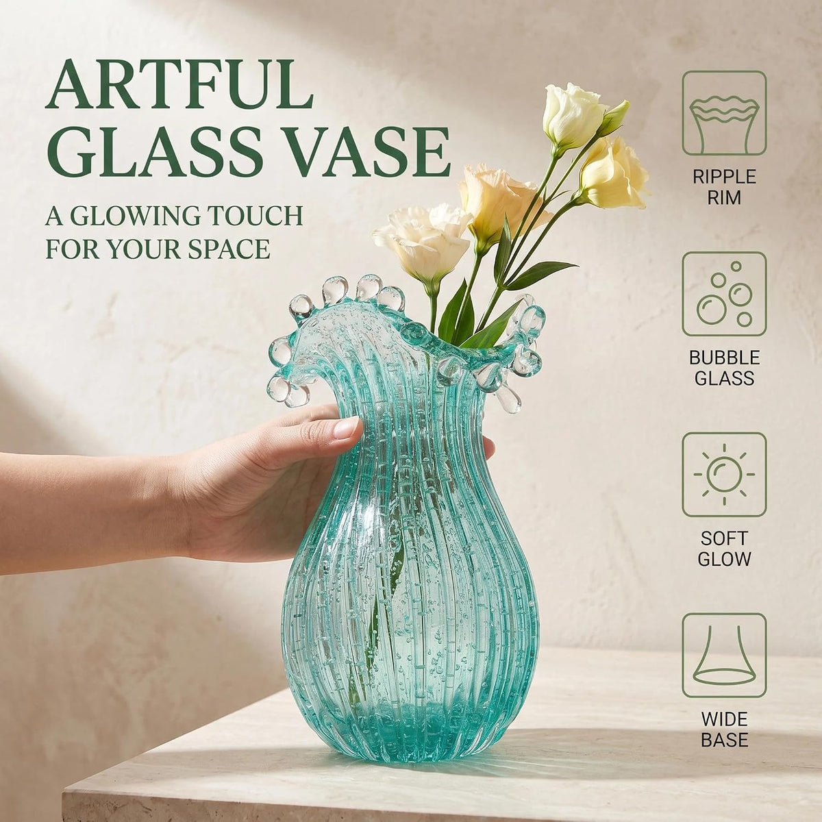 QFkris Luminous Blown Glass Vase for Flowers Decorative Centerpieces
