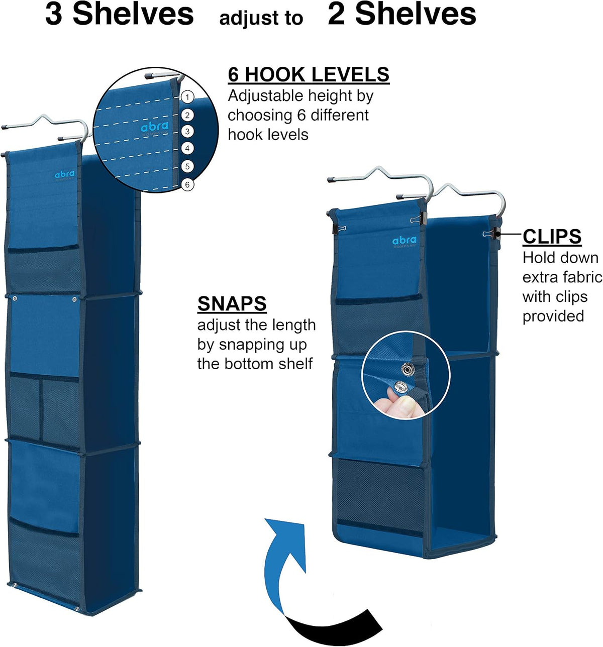 ABRA® 3 Shelf Hanging Locker Organizer for School, Gym, Work, Storage | Wide Shelves 6.5”x 9”| Eco-Friendly Fabric Healthy for Children | Adjustable School Locker Shelf from 3 to 2 Shelves (Navy Blue)