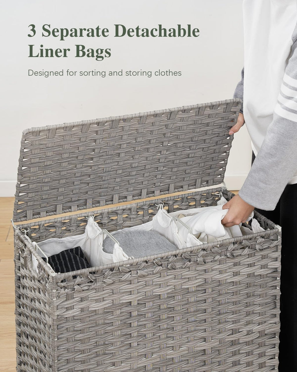 SETVSON Laundry Hamper with Lid, 35 Gal 3-Bag Clothes Sorter, Gray