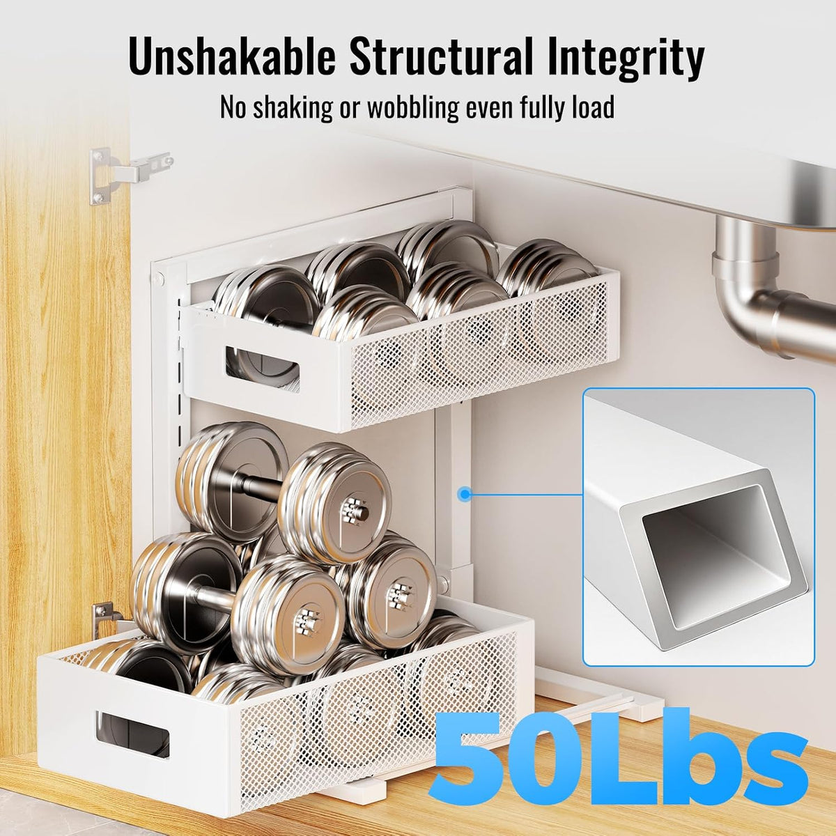 TISTAYA Full Metal Under Sink Organizer, Pull Out Cabinet Organizers and Storage, Silk-Smooth Sliding Drawer for Kitchen, Bathroom, Pantry, Cabinet, Closet (White, 2 Pack)