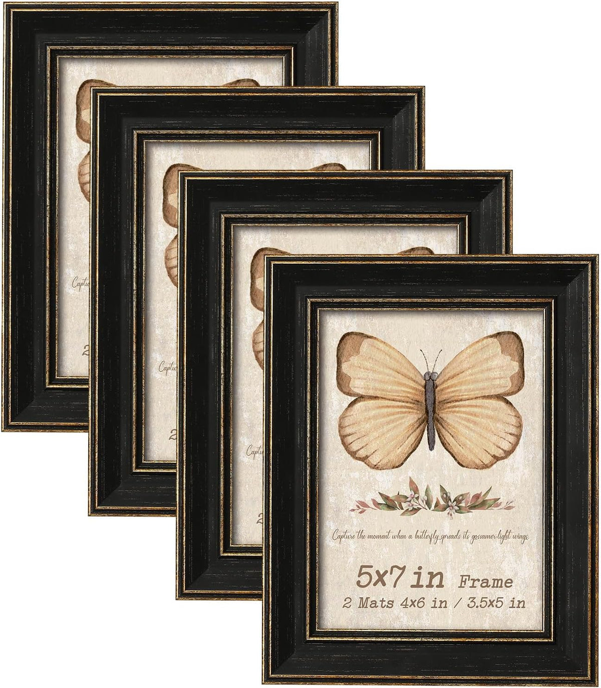 Black 5x7 Picture Frames, Set of 4, Vintage Style, with Gold Trim