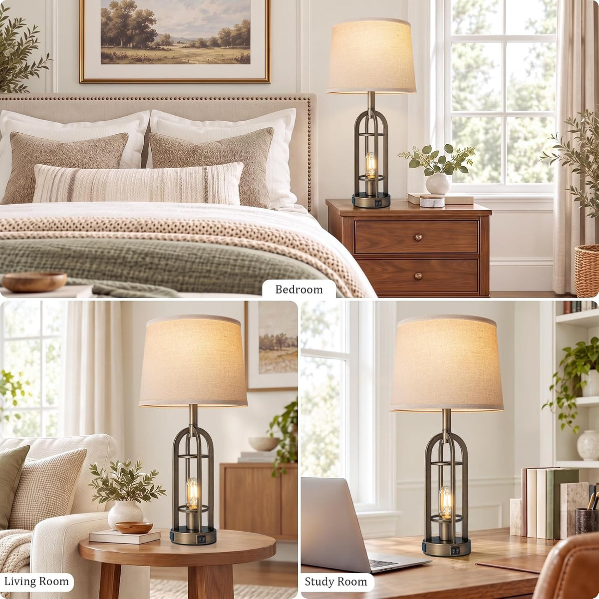 SRJJA 24" Farmhouse Table Lamps for Living Room Bedroom Set of 2, USB A+C