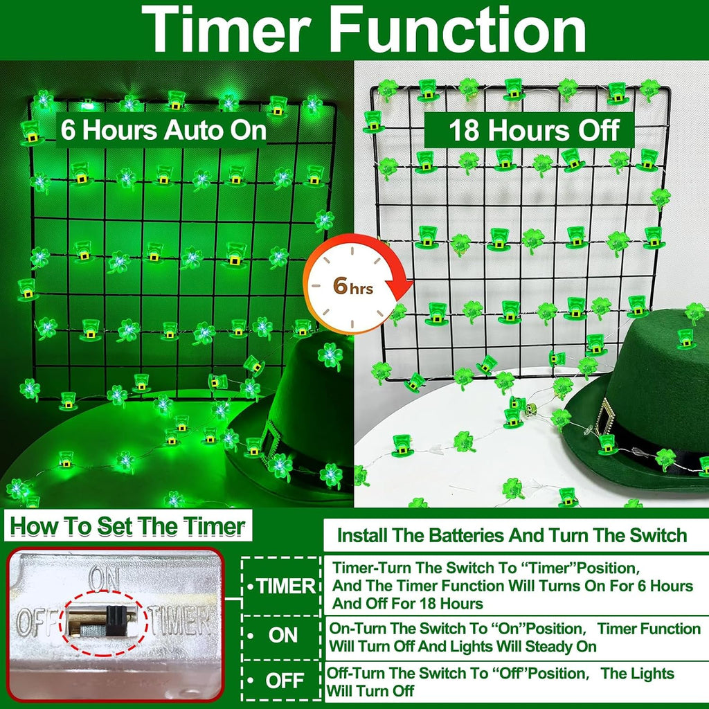 2 Pack St Patricks Day Decorations, Total 20FT 80LED Shamrocks Leprechaun Hat String Lights Timer Waterproof Lucky Clover Green Fairy Lights Battery Operated for St. Patrick's Day Decor Bedroom Party
