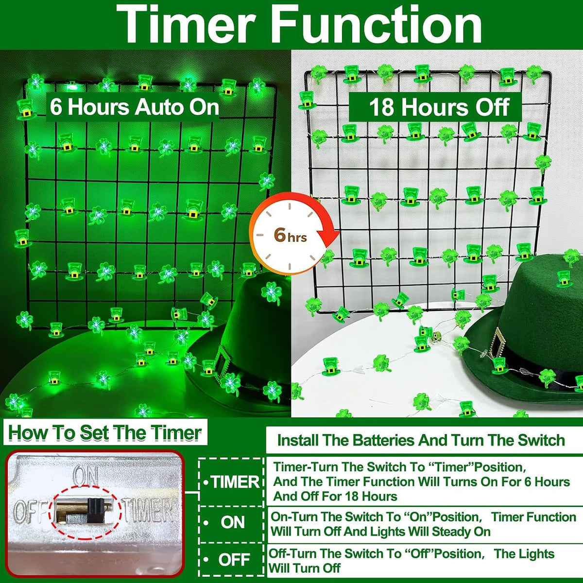2 Pack St Patricks Day Decorations, Total 20FT 80LED Shamrocks Leprechaun Hat String Lights Timer Waterproof Lucky Clover Green Fairy Lights Battery Operated for St. Patrick's Day Decor Bedroom Party