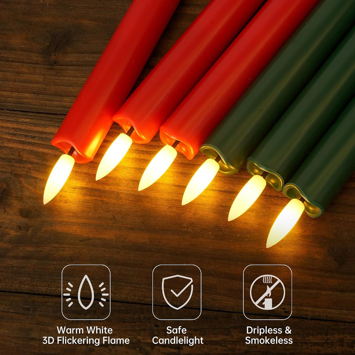 Stmarry Green and Red Flameless Taper Candles with Remote Control - 10 Inch LED Candlesticks Battery Operated, Realistic 3D Flame with Wick, Timer, 6 Pack Holiday Candles Christmas Decor