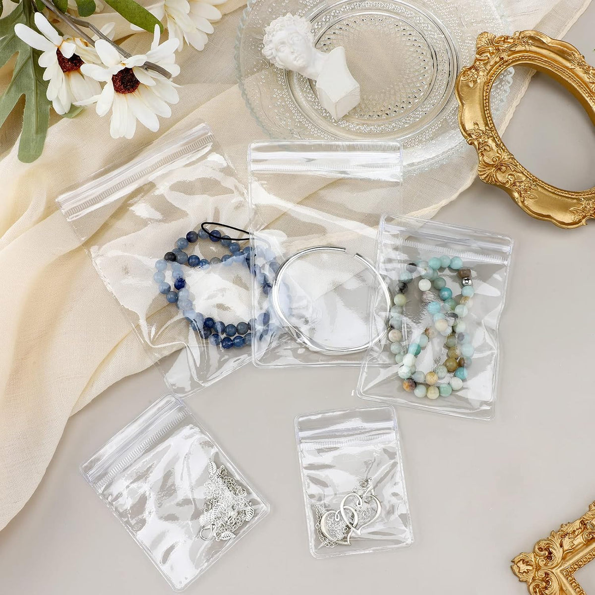 Spakon 160 Pcs Mini Plastic Jewelry Bags PVC Clear Storage Bags, 5 Sizes