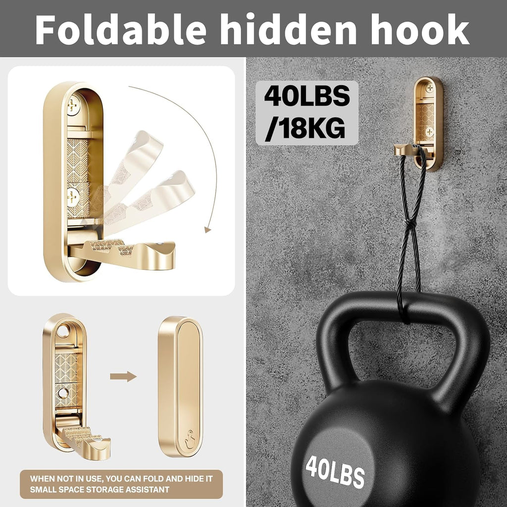 Folding Coat Hooks, Zinc Alloy Foldable Gold Wall Hooks Heavy Duty Bathroom Towel Hooks Flip Down Towel Hooks for Hanging Coat Towels Clothes Hat Bags Keys 2 Pack (6, Golden)