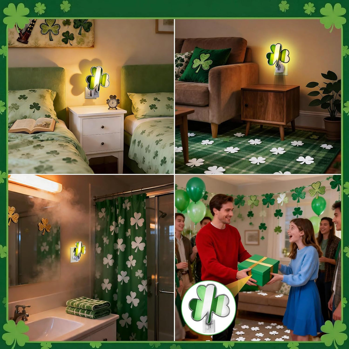 Hohean St. Patrick's Day Shamrock Night Light–UL Certification Plug in Irish Decor Lamp with C7 LED, Flocking & Acrylic, 360° Rotating Plug for Bedroom, Bathroom & Hallway–Green Holiday Lighting Gift