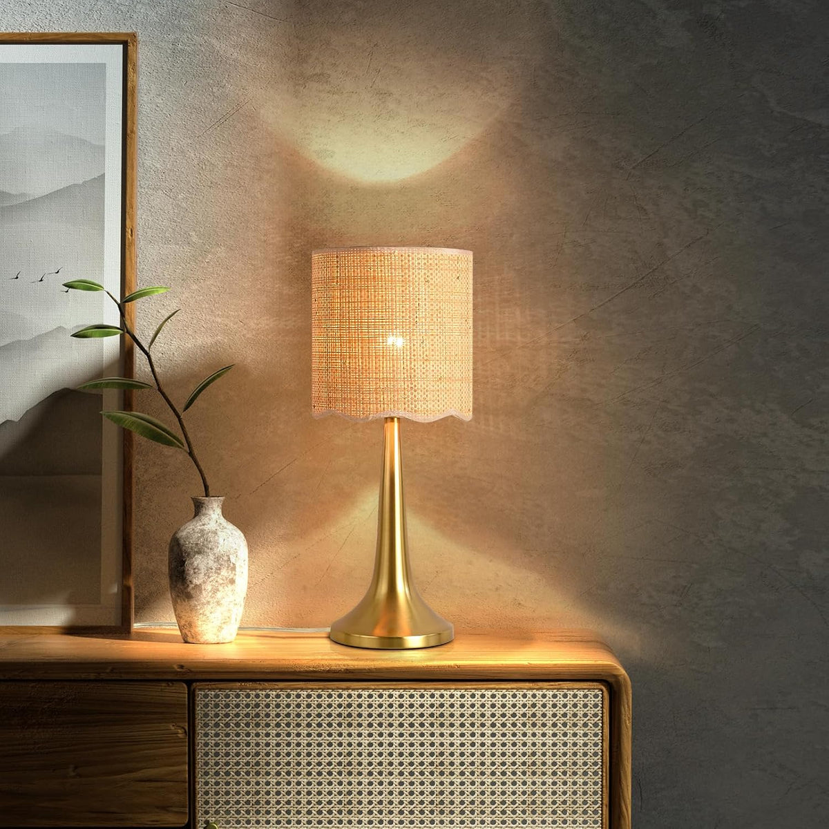 Ziqqeelam Gold Rattan Table Lamp for Bedroom, Brass Cute Wicker Lamps for Bedside Nightstand, Small Table Shape Lamps for Small Spaces for Kitchen Counter, Home Office, Living Room, Kids Dorm