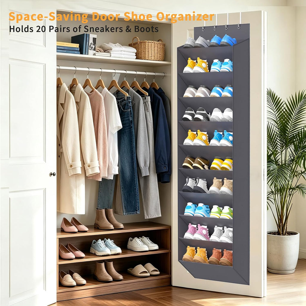 REGELETO Over-the-Door Shoe Organizer 10 Tier, Large Capacity Hanging Shoe Rack Holder for Closet Dorm Bedroom, Non-Woven Fabric with 4 Stainless Steel Hooks, Holds 20-30 Pairs Shoes （ Premium Gray）
