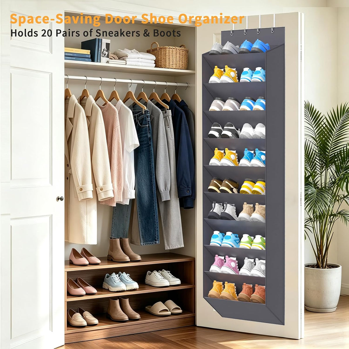 REGELETO Over-the-Door Shoe Organizer 10 Tier, Large Capacity Hanging Shoe Rack Holder for Closet Dorm Bedroom, Non-Woven Fabric with 4 Stainless Steel Hooks, Holds 20-30 Pairs Shoes （ Premium Gray）