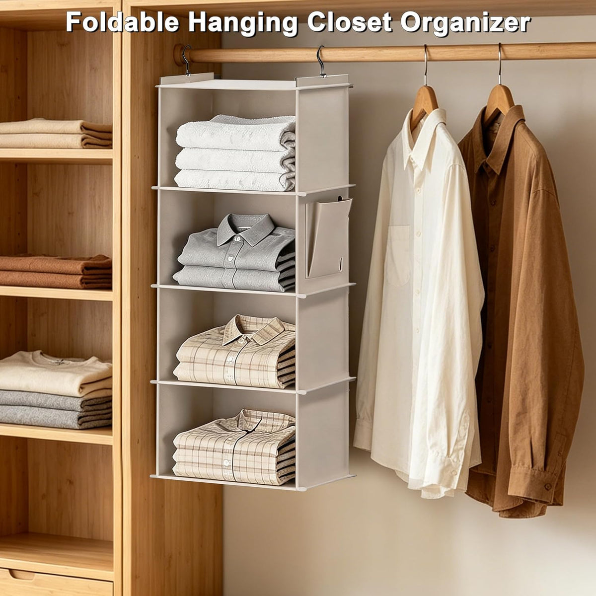 Foldable Hanging Closet Organizer, 4-Shelf Hanging Shelves with Side Pockets, Space Saving Storage for Clothes and Accessories