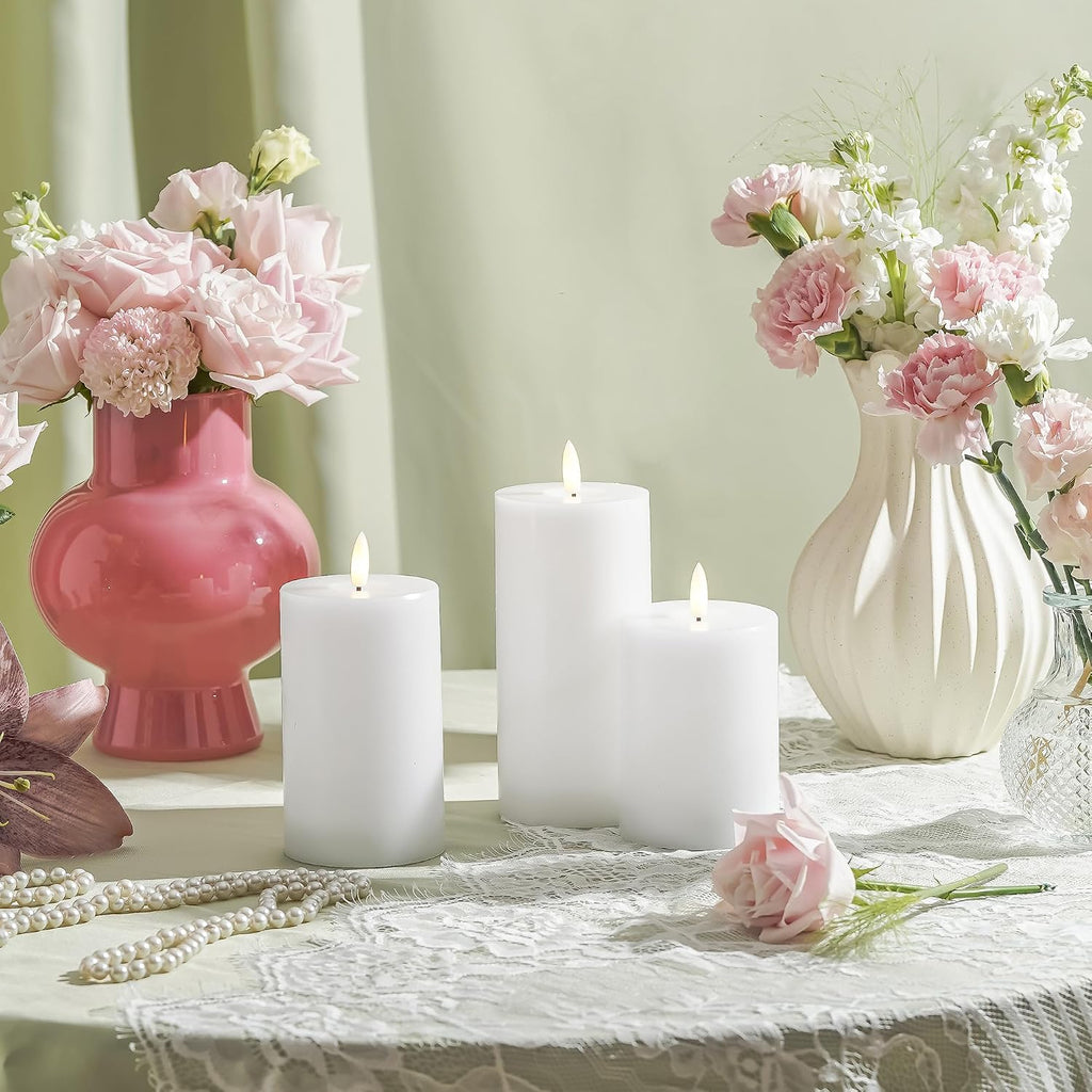 Stmarry White Flameless Candles with Remote and Timer, Real Wax Made LED Pillar Candles Battery Operated with 3D Flickering Flame - 3" x 4", 3" x 5", 3" x 6" - Set of 3