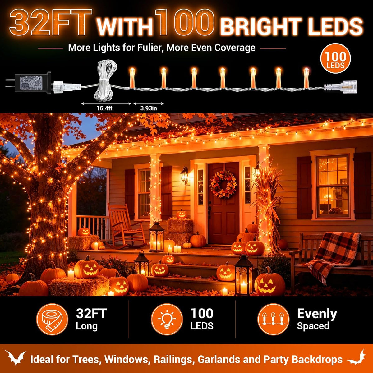 Orange String Lights, 32FT 100 LED Plug in Halloween Lights Outdoor Indoor,