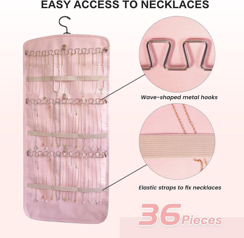 Hanging Jewelry Organizer Doubled-sided with Pockets & Hooks for Rings, Earrings, Necklaces, Hair Accessories Storage Roll, Closet Earring Holder Organizer for Wall, Door, Travel, 1 PCS, Pink