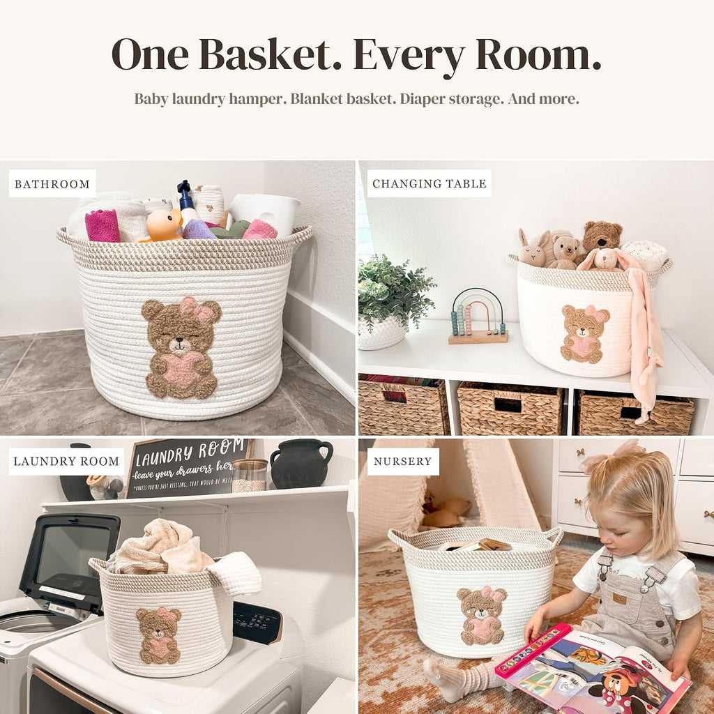 Pink Teddy Bear Baby Storage Basket, Cotton Rope Nursery Bin, 15x11 in