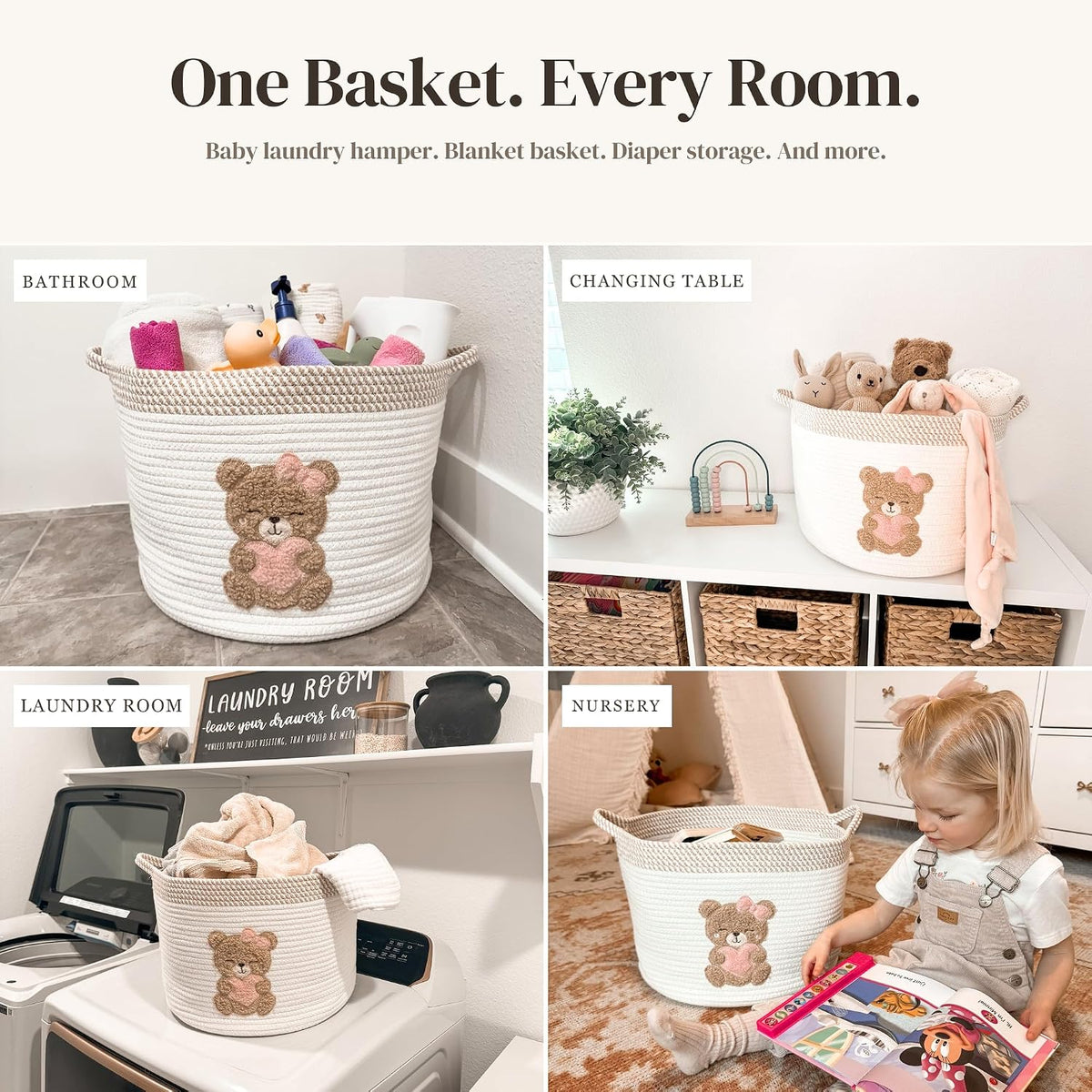 Pink Teddy Bear Baby Storage Basket, Cotton Rope Nursery Bin, 15x11 in