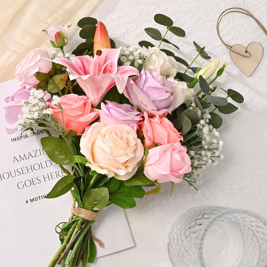 Livole 22Pcs Artificial Faux Flowers with Vase & Light Real Touch Flower