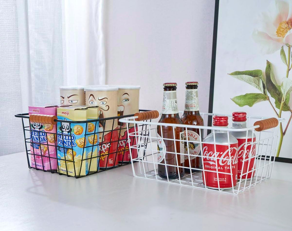JUNCHU CHERRY Wire Kitchen Storage Basket 2 Packs,Perfect Pantry Organization Accessories Baskets,Laundry Basket,With a Wooden Handle,Suitable for Kitchen,Bathroom,Bedroom,Tabletop,Stackable,White