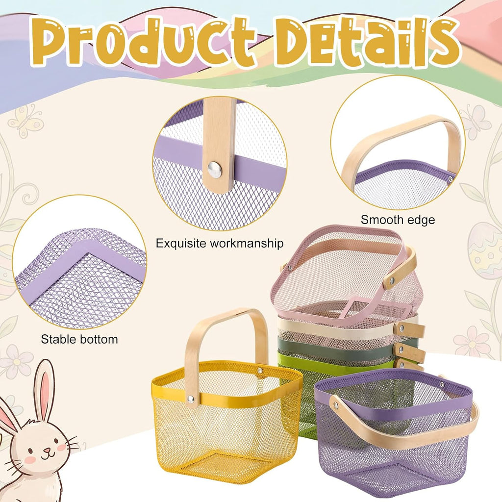 Roshtia 6 Pcs Metal Mesh Basket with Handle, Pastel Garden Basket for Fall