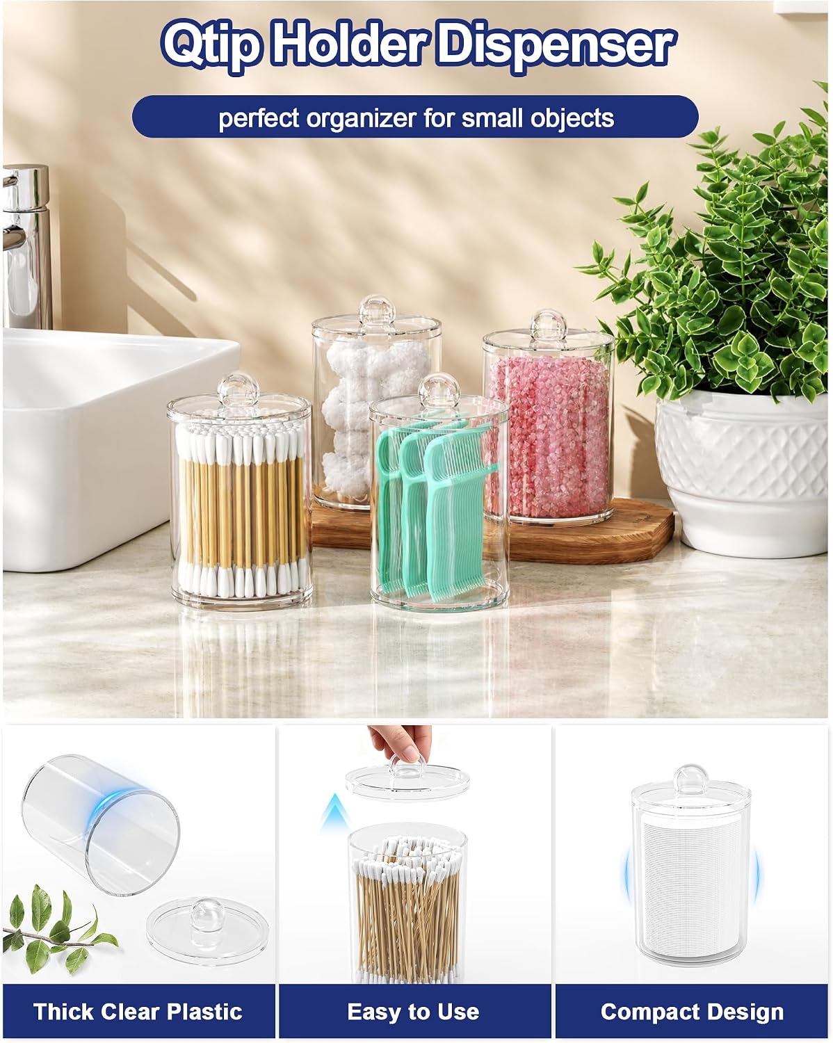 Bathroom Counter Organizer and Storage with 2 Pack Qtip Holder Dispenser, 7 Slots Detachable Toothbrush Holders for Bathrooms, Anti-Slip Electric Toothbrush and Toothpaste Holder Countertop
