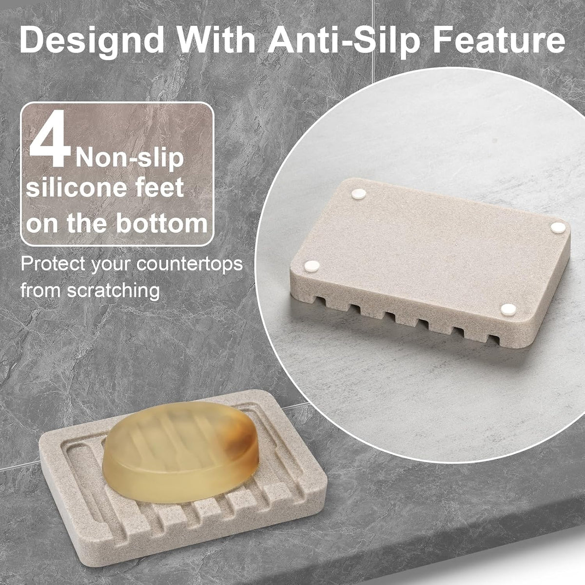 2 Pack Beige Self Draining Soap Dish Bar Soap Holder Sponge Tray for Bathroom Kitchen Sink Countertop