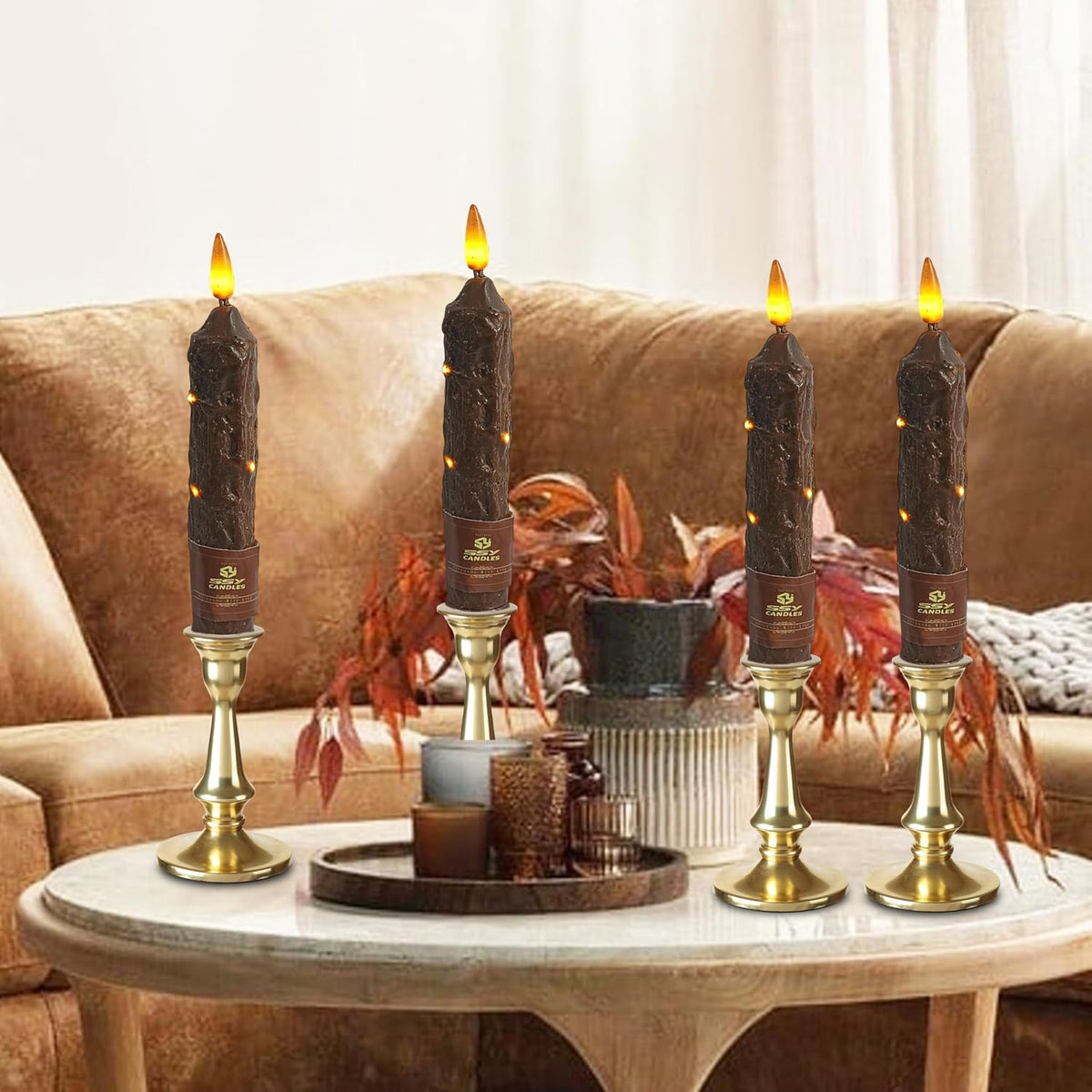 6.5 inch Flameless Brown Taper Candles Flickering with 10-Key Remote, Battery Operated Led Warm 3D Wick Light Window Candles Real Wax Pack of 4, Christmas Home Wedding Decor
