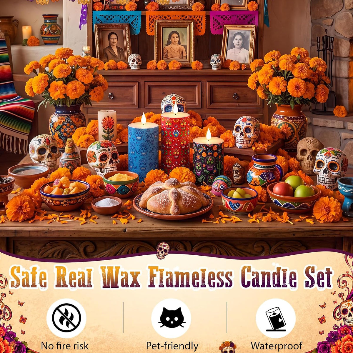 3 Pcs 4/6/10" Flameless LED Candles with Remote, Battery Operated, Skull
