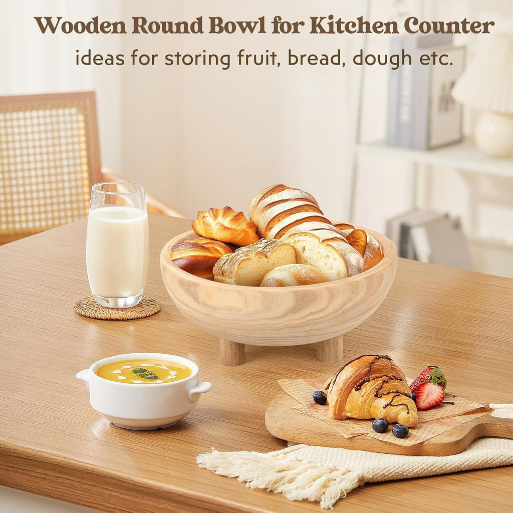 Wooden Decorative Bowl | 11" Large Wood Fruit Bowl for Kitchen Counter | Key Bowl for Entryway Table, Table Centerpieces, Shelf, Coffee Table | Natural Organic Paulownia Wood Bowl with Base | White