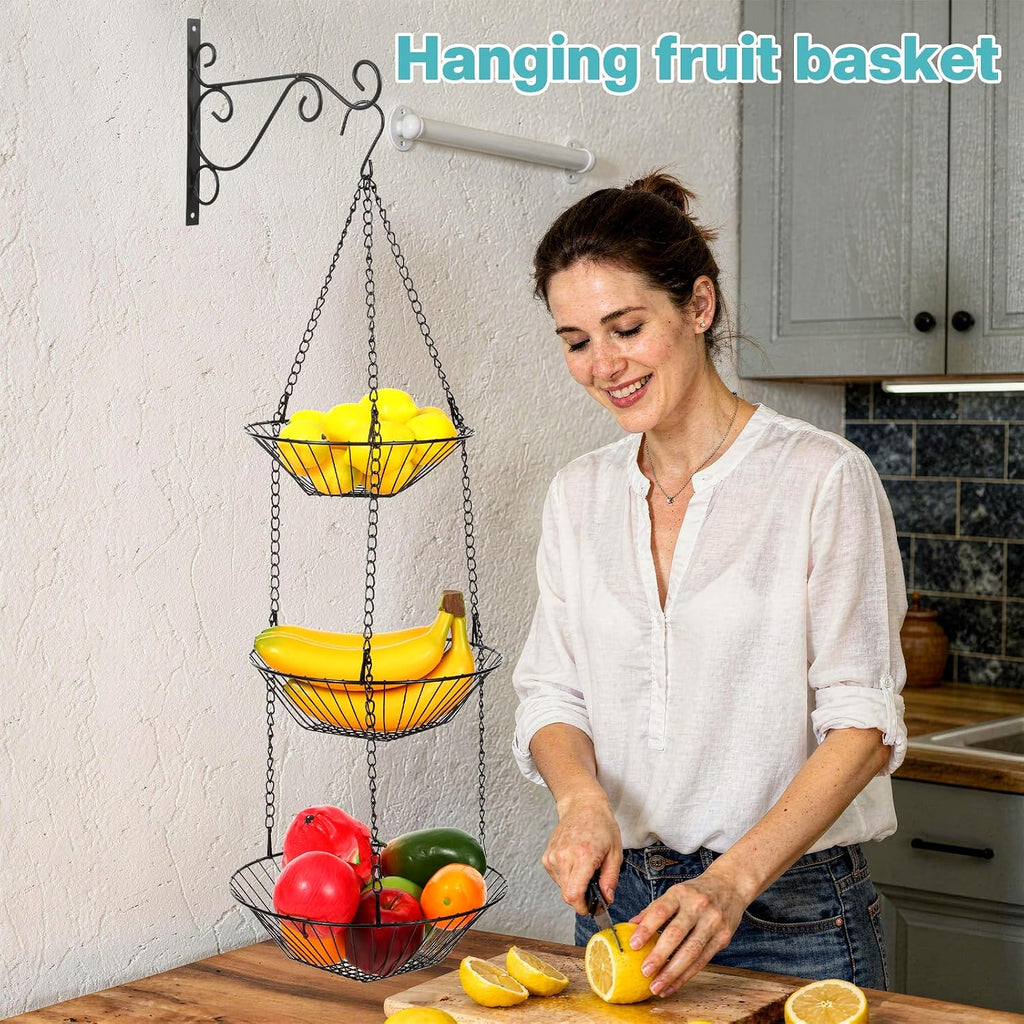 3 Tier Hanging Fruit Basket with Banana Hook, 34-Inch Heavy-Duty Wire Hanging Basket, Wire Vegetable Produce Organizer with Installation Bracket for Kitchen Storage Potato Vegetable