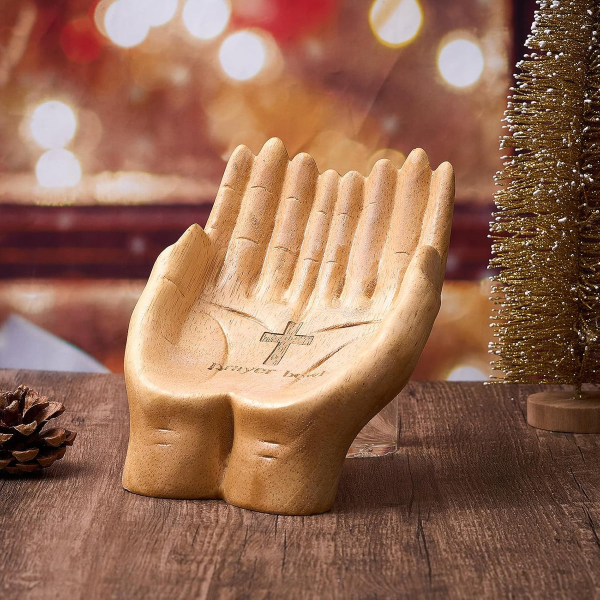 Teenyyou Prayer Bowl Wooden, Hands Prayer Bowl, Christian Gifts for Women Men, Cross Hands Shaped Christmas Mother's Day Gifts Birthday Religious Decorative for Mom Dad
