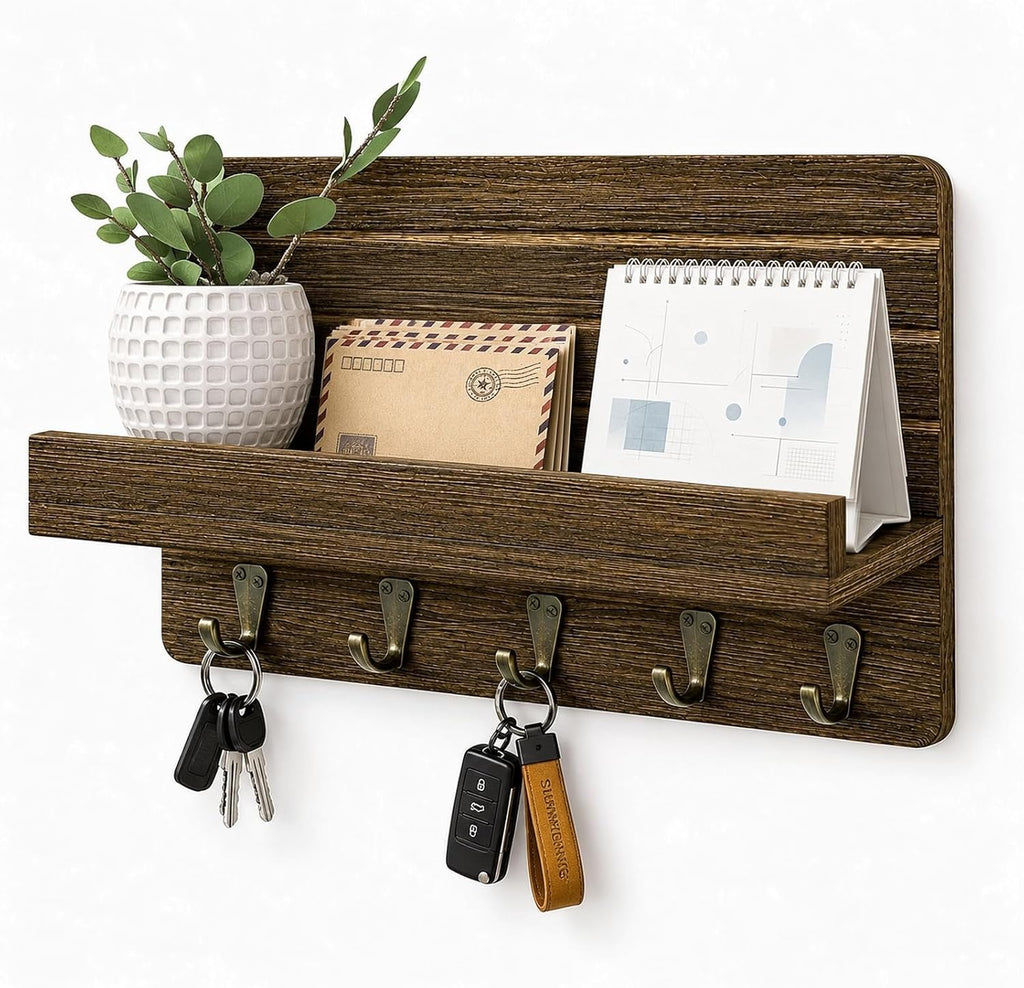 Key Holder Wall Mount,Key and Mail Organizer with Wooden Shelf,Charcoal