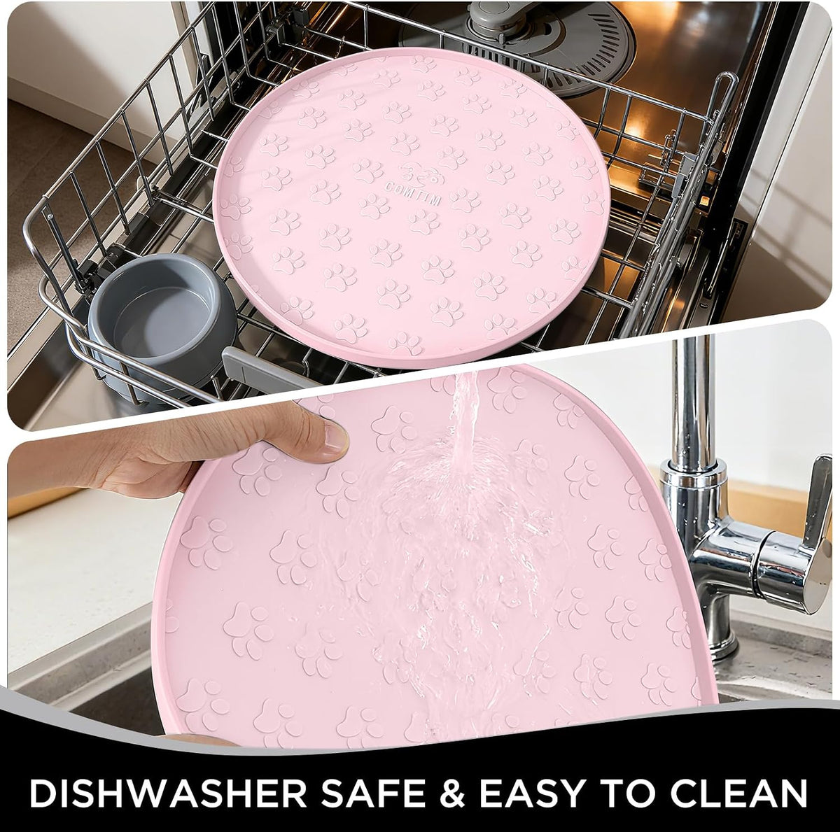 Comtim Waterproof Dog Food Mat - 2 Pack Silicone Pet Food Mat Dog Food Bowl Mats Cat Water Mats Eating Tray, Non-Slip Pet Placemat with Lip for Messy Drinkers to Protect Floor,Pink 11"×11"