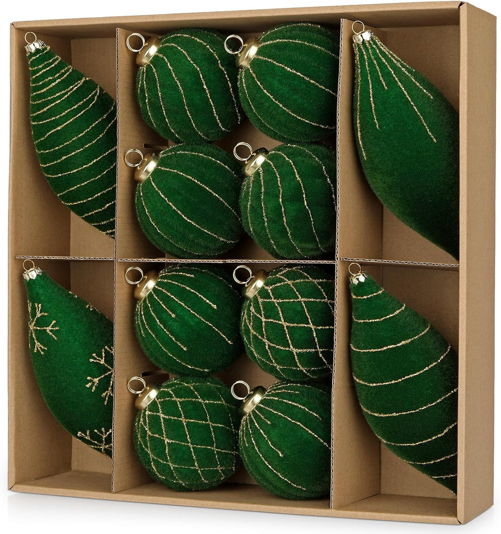 12PCS Velvet Christmas Ornaments Balls 3.15/6.6 Inch Flocked Ornament Sets Glitter Balls for Xmas Hanging Ornaments Decoration Wedding Party Holiday Decor - Evergreen Green