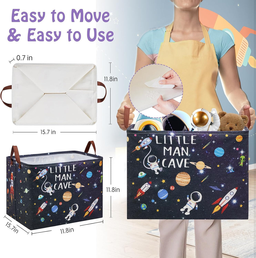 Outer Space Room Decor Basket, Astronaut Storage Basket with Inspirational Quotes,Planets Boy Room Decor Shelf Hamper ,Rectangular Clothes Book Toy Storage Bin (Black)
