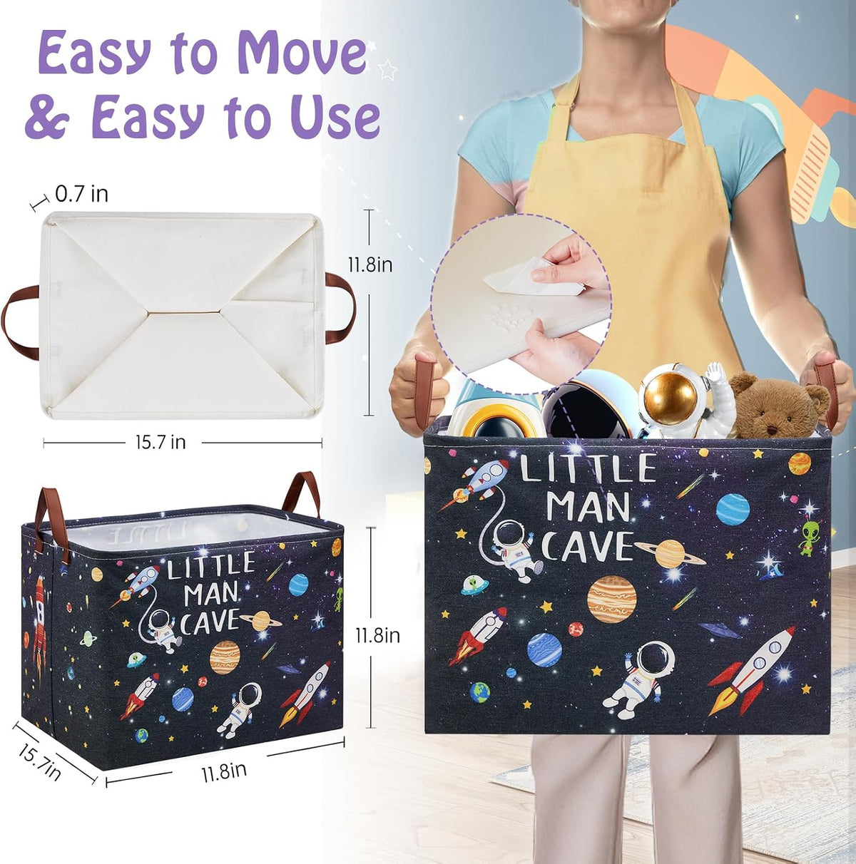 Outer Space Room Decor Basket, Astronaut Storage Basket with Inspirational Quotes,Planets Boy Room Decor Shelf Hamper ,Rectangular Clothes Book Toy Storage Bin (Black)