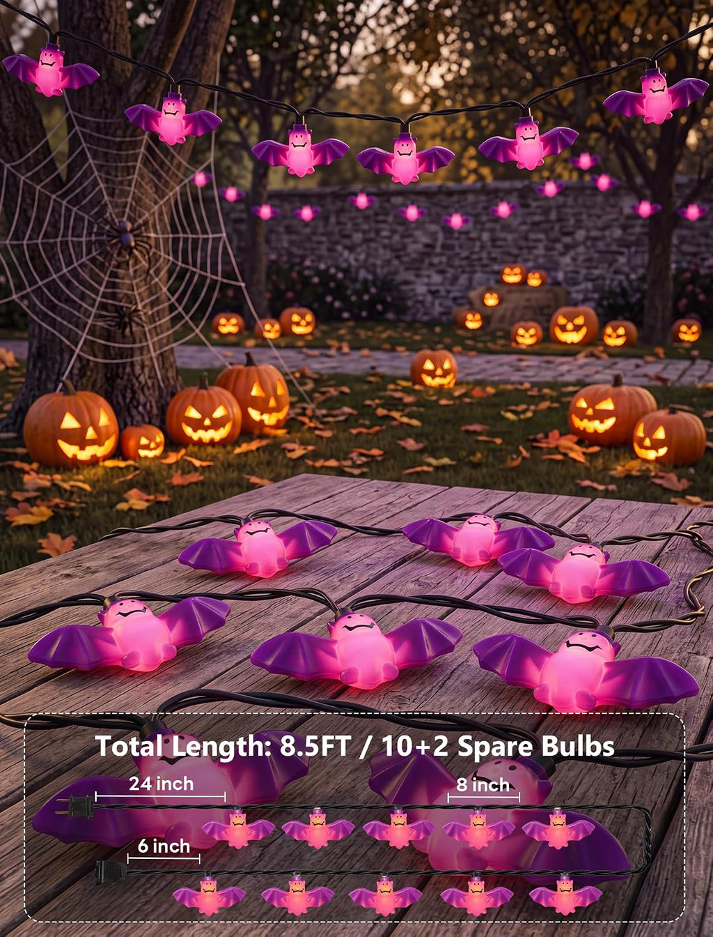 8.5FT Halloween Bat String Lights, Plug in 10 LED Purple Bat Decor Lights