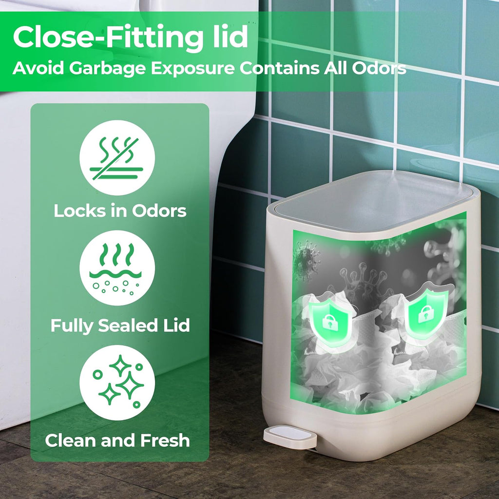 1.85 Gallons 7 Liters Slim Small Kitchen Trash Can with Lid Soft Close Dust Bin Step Pedal Garbage Waste Home Bathroom Office ABS Smooth Washable Cubo de Basura Cocina Ivory