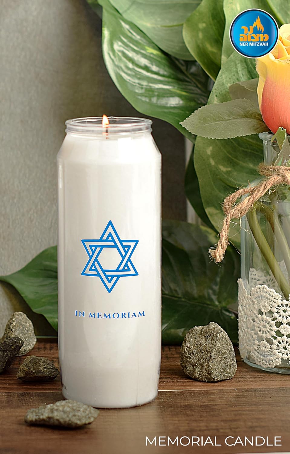 9 Day Memorial Candles, 6 Pack - Plastic Jar with Star of David - 7” Tall Pillar Candles for Religious, Prayer, Party Decor, Vigil and Emergency Use - By Ner Mitzvah