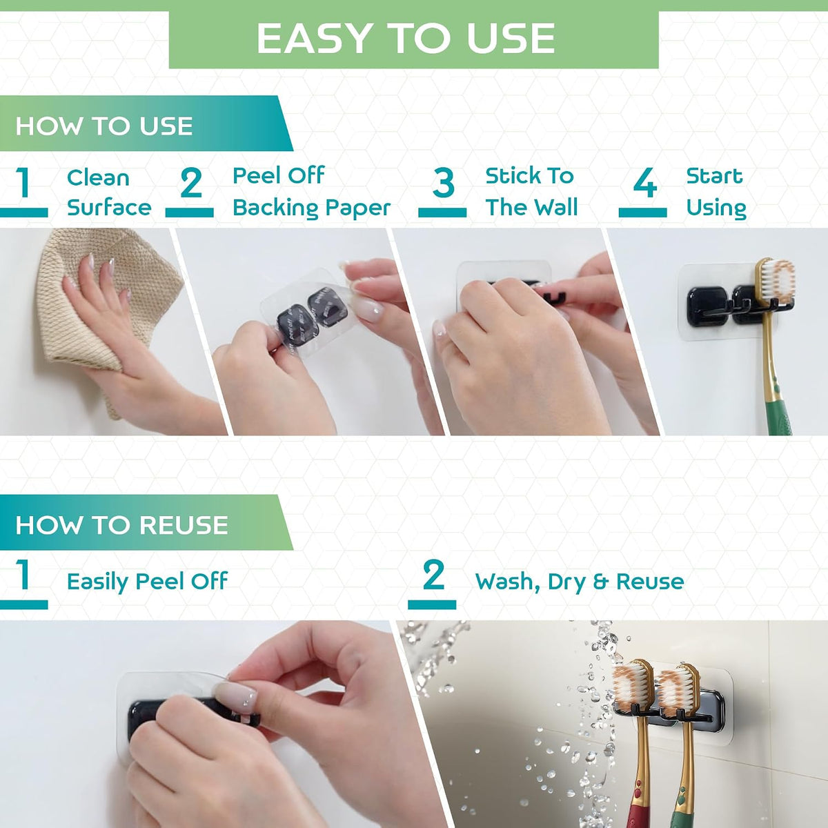 Hook LAB Self-Adhesive Double Toothbrush Holder, 2-Pack, Removable & Reusable Wall-Mounted Storage Organizer, for Bathroom & Kitchen Accessories - Black