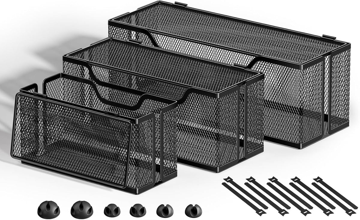 Marbrasse 3 Pack Cable Management Box, Metal Mesh Cord Organizer Box for TV Wires, Electrical Hiding, Power Strip – Under Desk Cable Storage Box with Cable Clips&Reusable Cable Ties for Home/Office