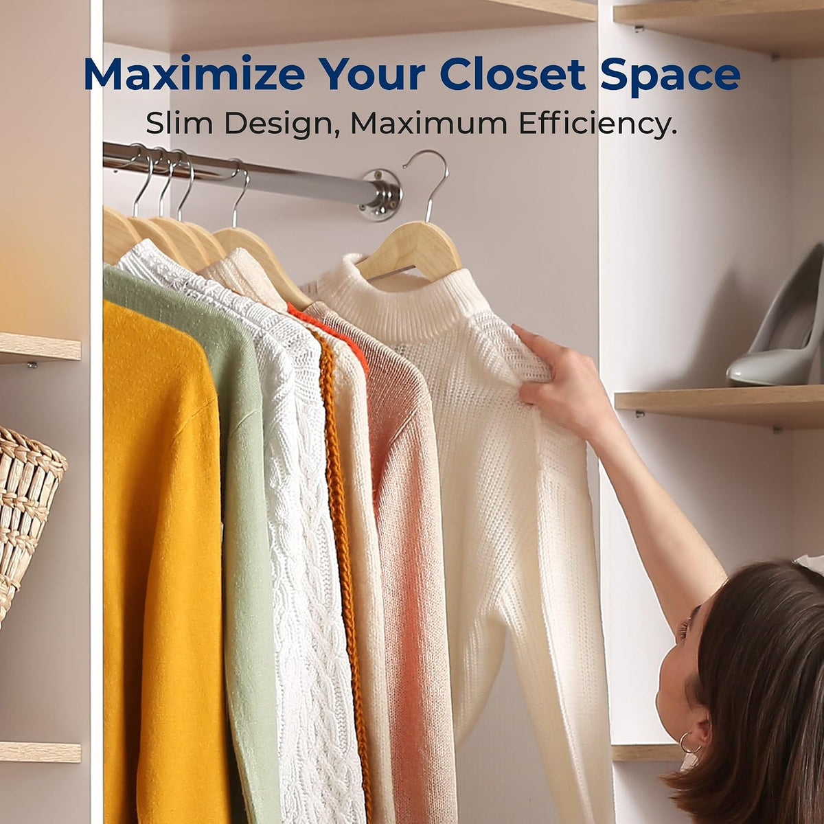 SereneLife 80 Pack Wooden Clothes Hangers | Keep Suits, Coats, Pants & Dresses Neatly Organized | Solid Wood, Pants Bar, Notches, 360° Swivel Hook, 0.47-Inch Profile, Natural Wood Grain | Natural