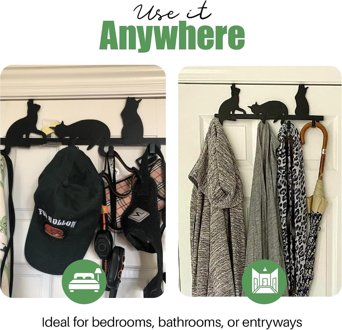 Evelots Cat Over the Door Hook Rack, 4 Hooks for Coats, Towels & Bags