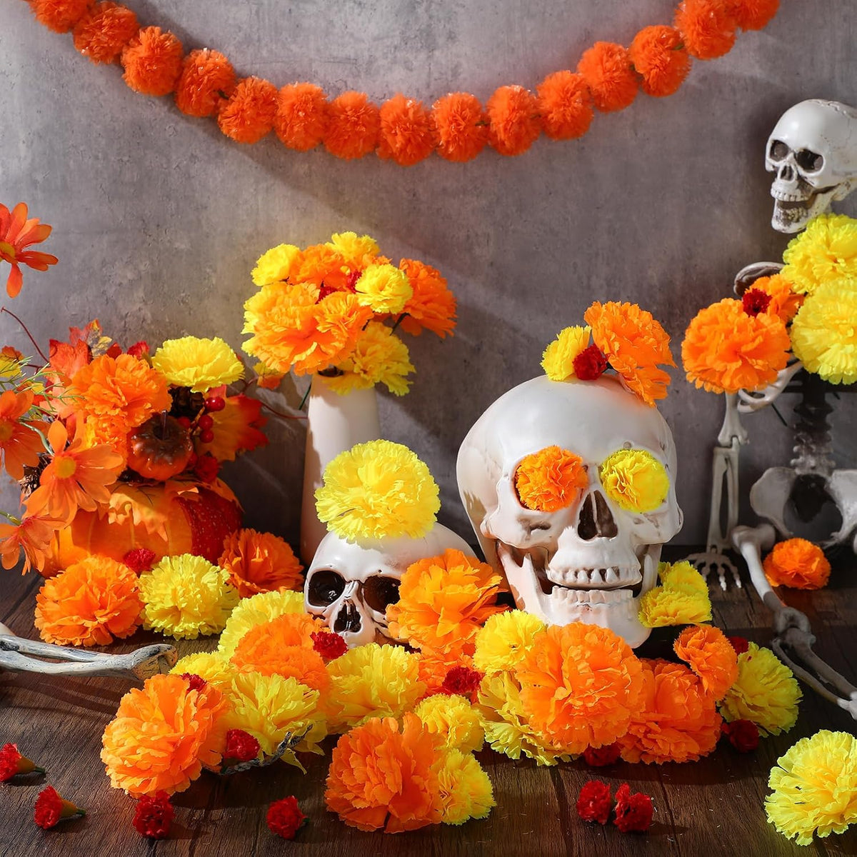 Daifunli 72 Pcs Day of The Dead Artificial Marigold Flowers, Three Color