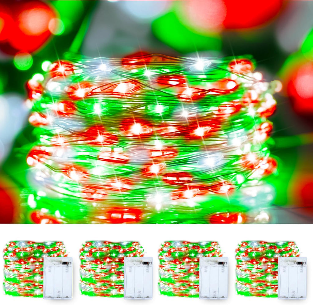 Christmas String Lights Red Green White Copper Wire, 4 Pack 400LED Fairy Lights Waterproof Twinkle Lights for Xmas, Bedroom, Garden, Patio, Outdoor Decor- Red White Green