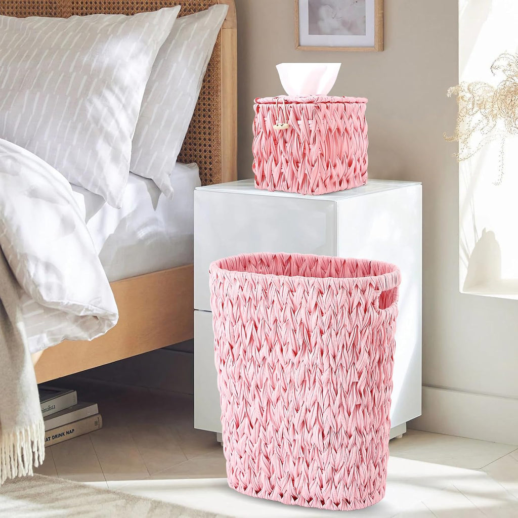 BSSN Wicker Trash Can and Square Tissue Box Cover, 4 Gallon Water Hyacinth Bathroom Trash Can, Handwoven Napkin Holder, Narrow Small Waste Basket, Rustic Decorative Home Set for Bedroom,Office (Pink)