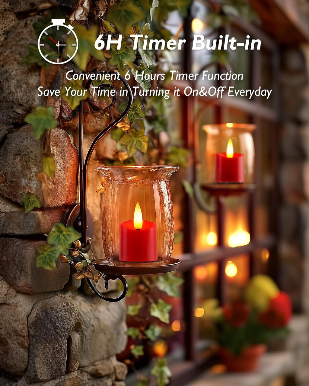 Homemory 12Pack Timer Flameless LED Votive Candles, Realistic Flickering 3D Flame Candles, Long Lasting Battery Operated Tealight, for Thanksgiving Day, Christmas, Wedding Decor-Red Base