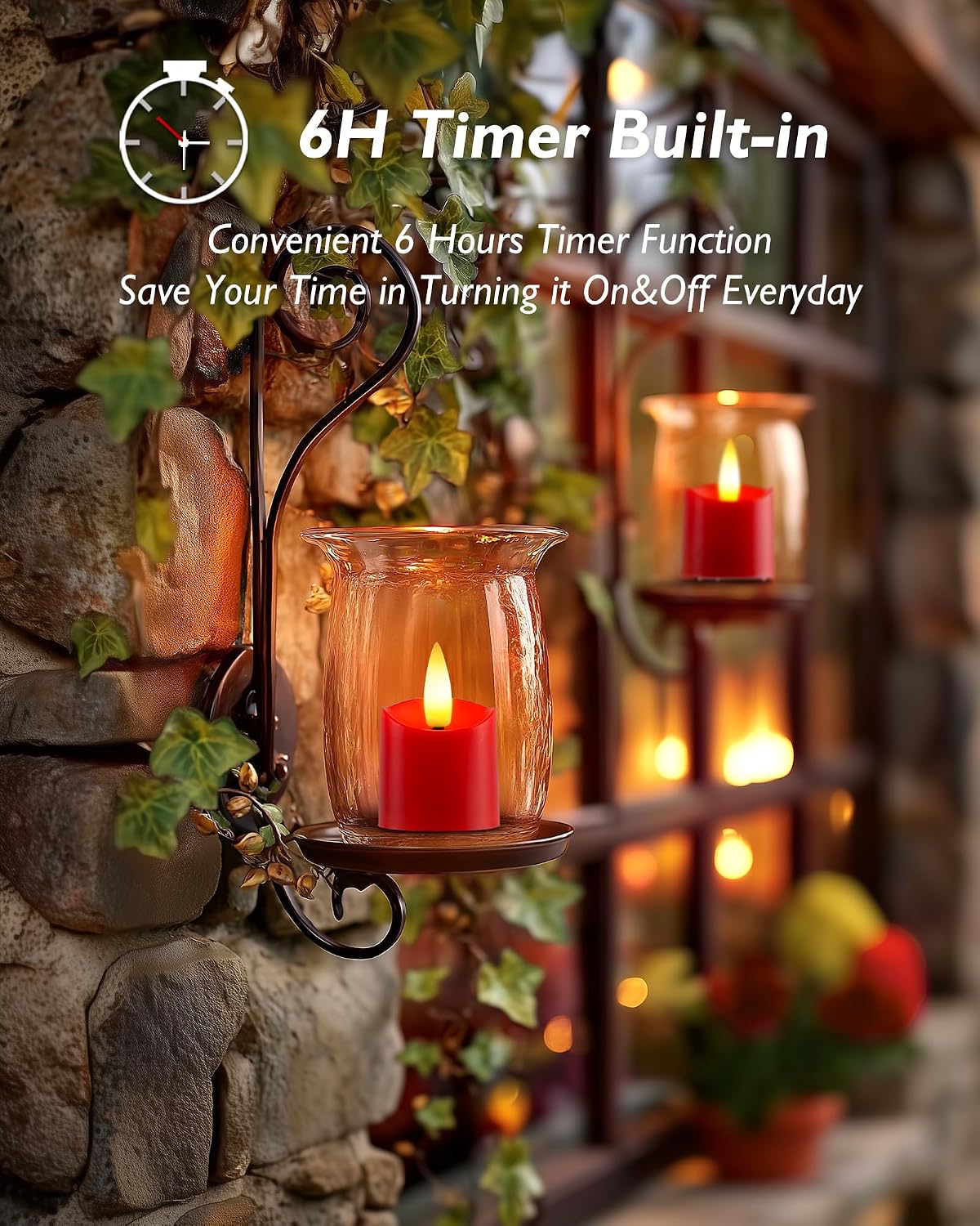 Homemory 12Pack Timer Flameless LED Votive Candles, Realistic Flickering 3D Flame Candles, Long Lasting Battery Operated Tealight, for Thanksgiving Day, Christmas, Wedding Decor-Red Base