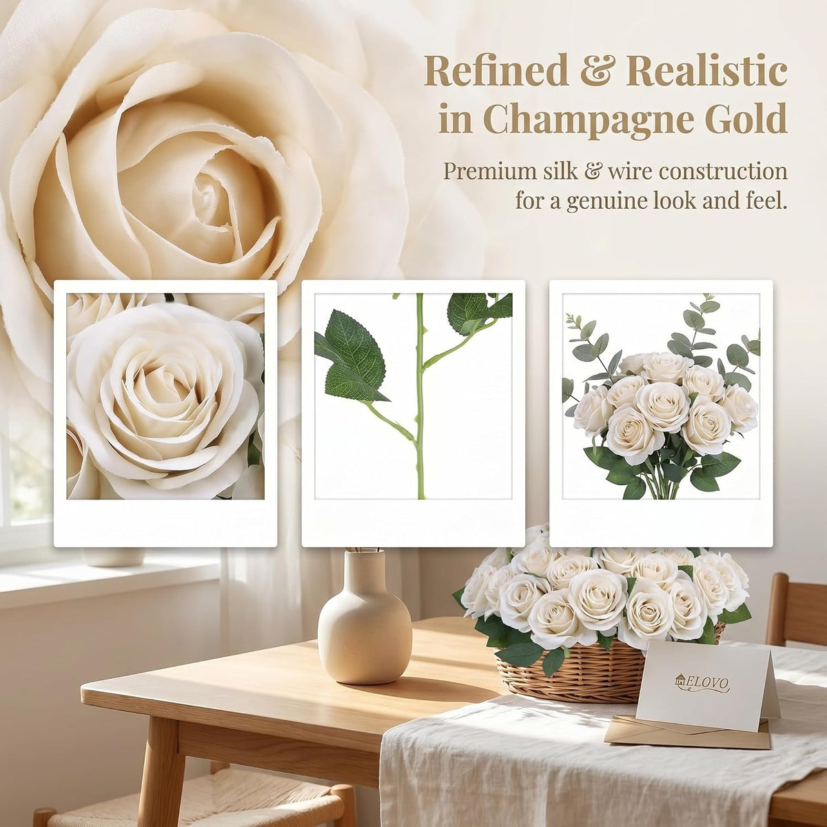52pcs Beige Roses Artificial Flowers Fake Flowers Silk Roses with Stems for DIY Wedding Bouquets Bridal Shower Centerpieces Arrangements Party Decorations